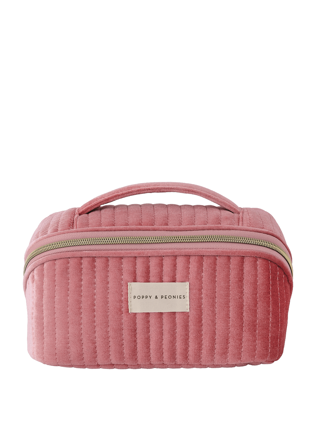 Pink velvet quilted cosmetic bag with a handle