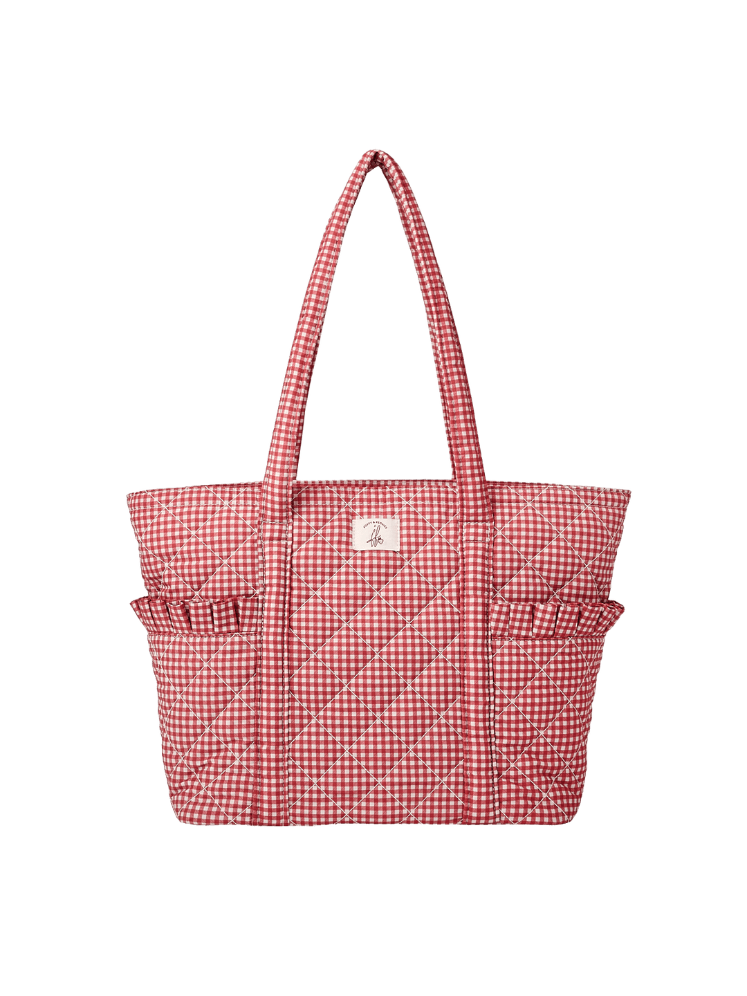 Poppy & Peonies Analog Tote in Heart Berry Gingham front view, featuring a red gingham exterior, long shoulder straps and ruffled side pockets.