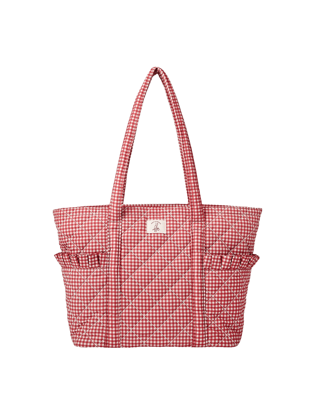 Poppy & Peonies Analog Tote in Heart Berry Gingham, featuring a spacious body, and gingham shoulder straps. 