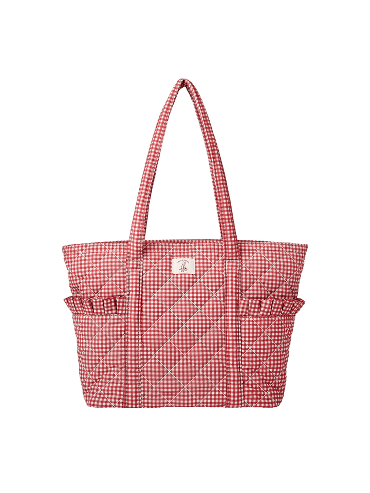 Poppy & Peonies Analog Tote in Heart Berry Gingham, featuring a spacious body, and gingham shoulder straps. 