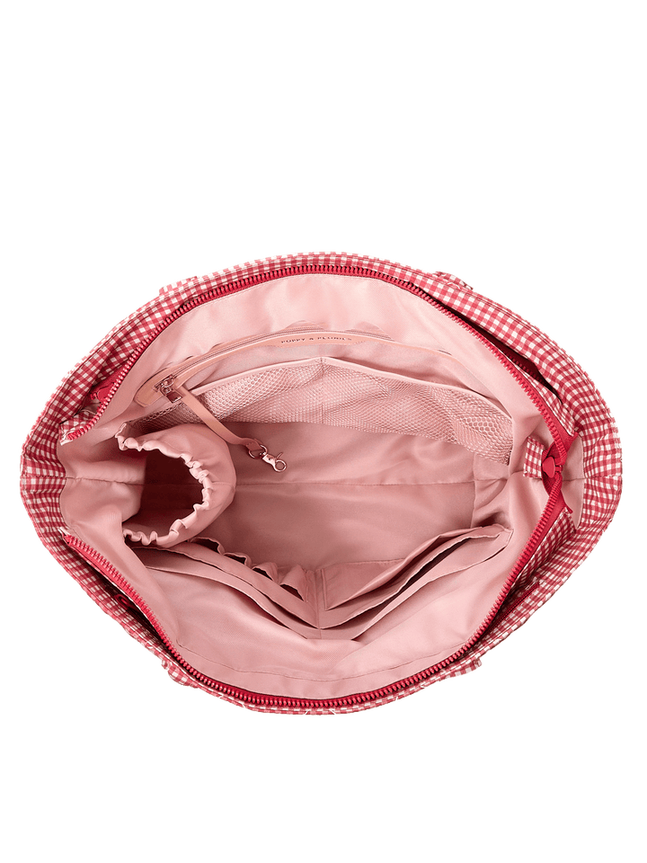 Poppy & Peonies Analog Tote in Heart Berry Gingham open top view, showing the spacious blush-pink interior and organizational compartments.