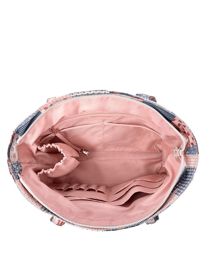 Poppy & Peonies Analog Tote in Strawberry Patchwork open top view, showing the spacious blush-pink interior and organizational compartments.