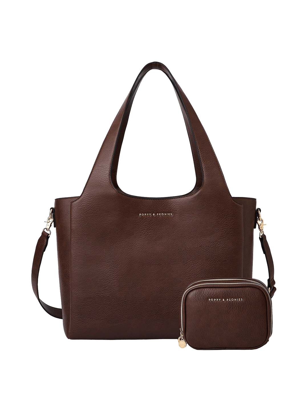Poppy & Peonies Companion Duo in Espresso, featuring The Companion Tote with coordinating Pretty Connected Case, detachable shoulder strap and signature gold-tone details.