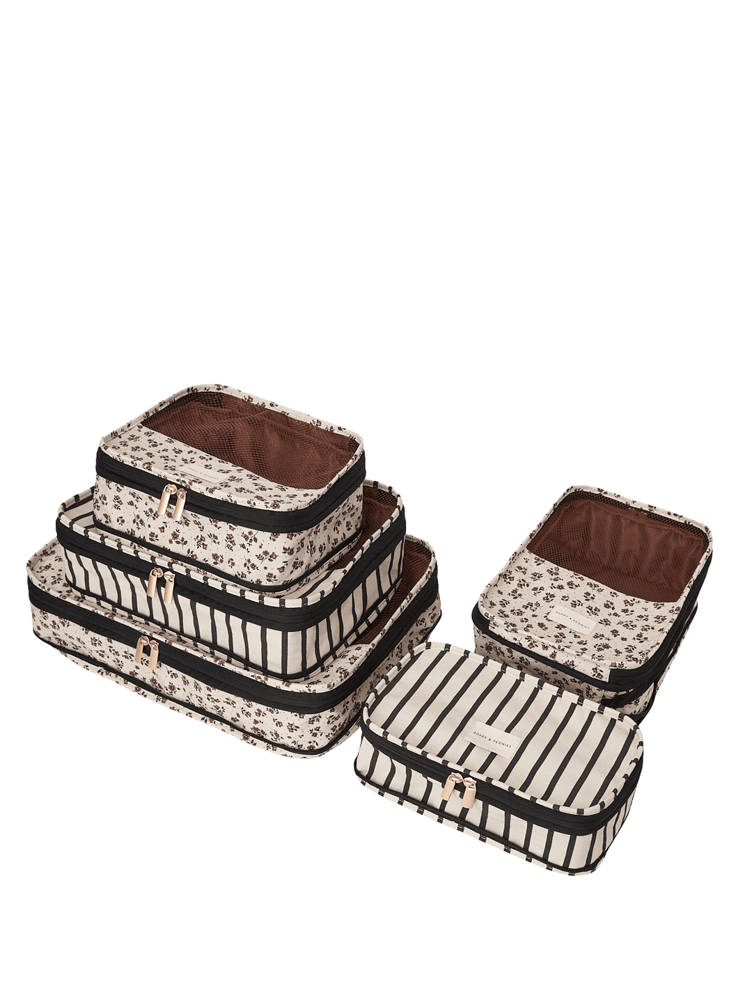 Set of five floral and stripe pattern packing cubes.