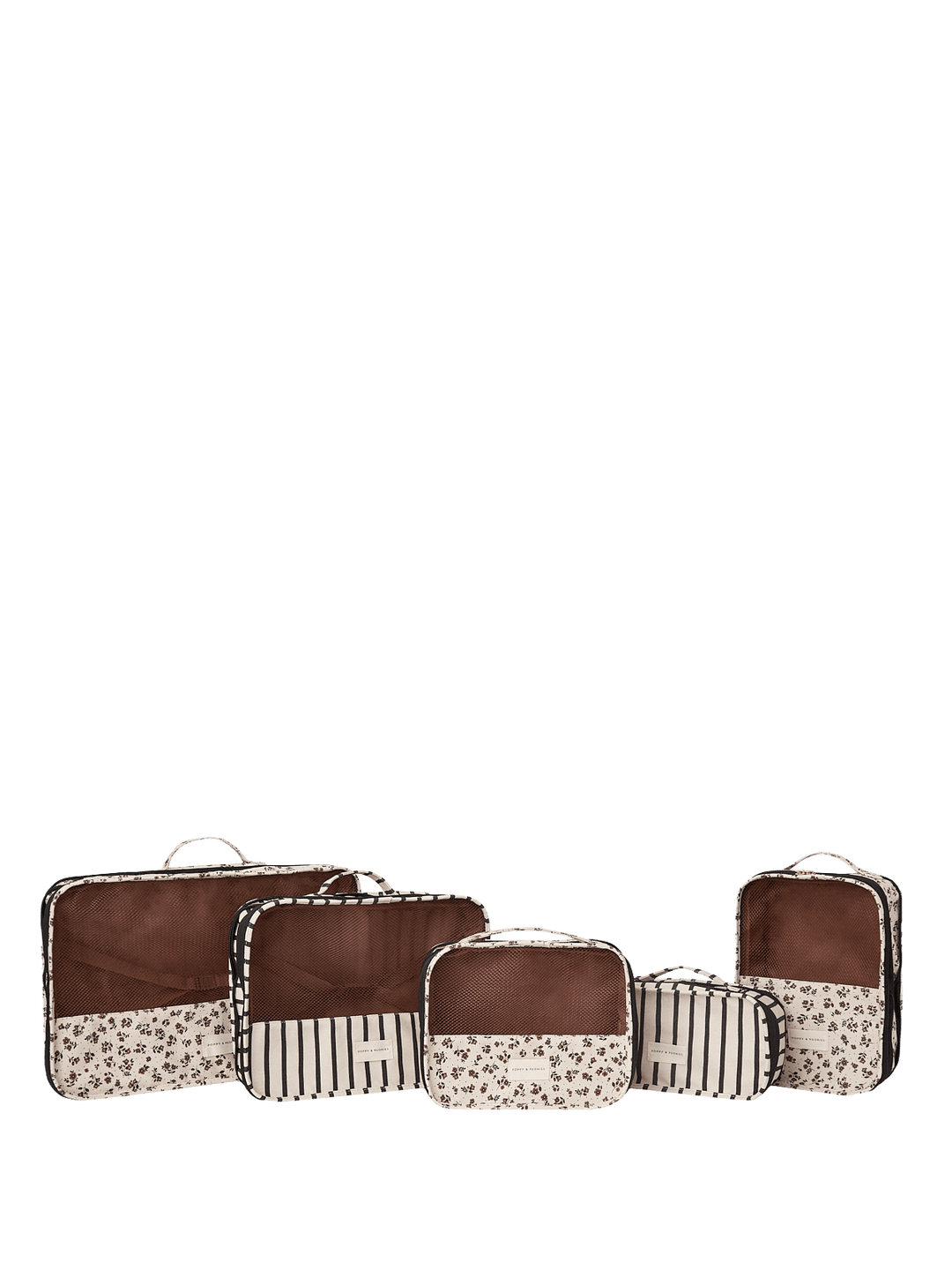 Set of five floral and stripe pattern packing cubes.