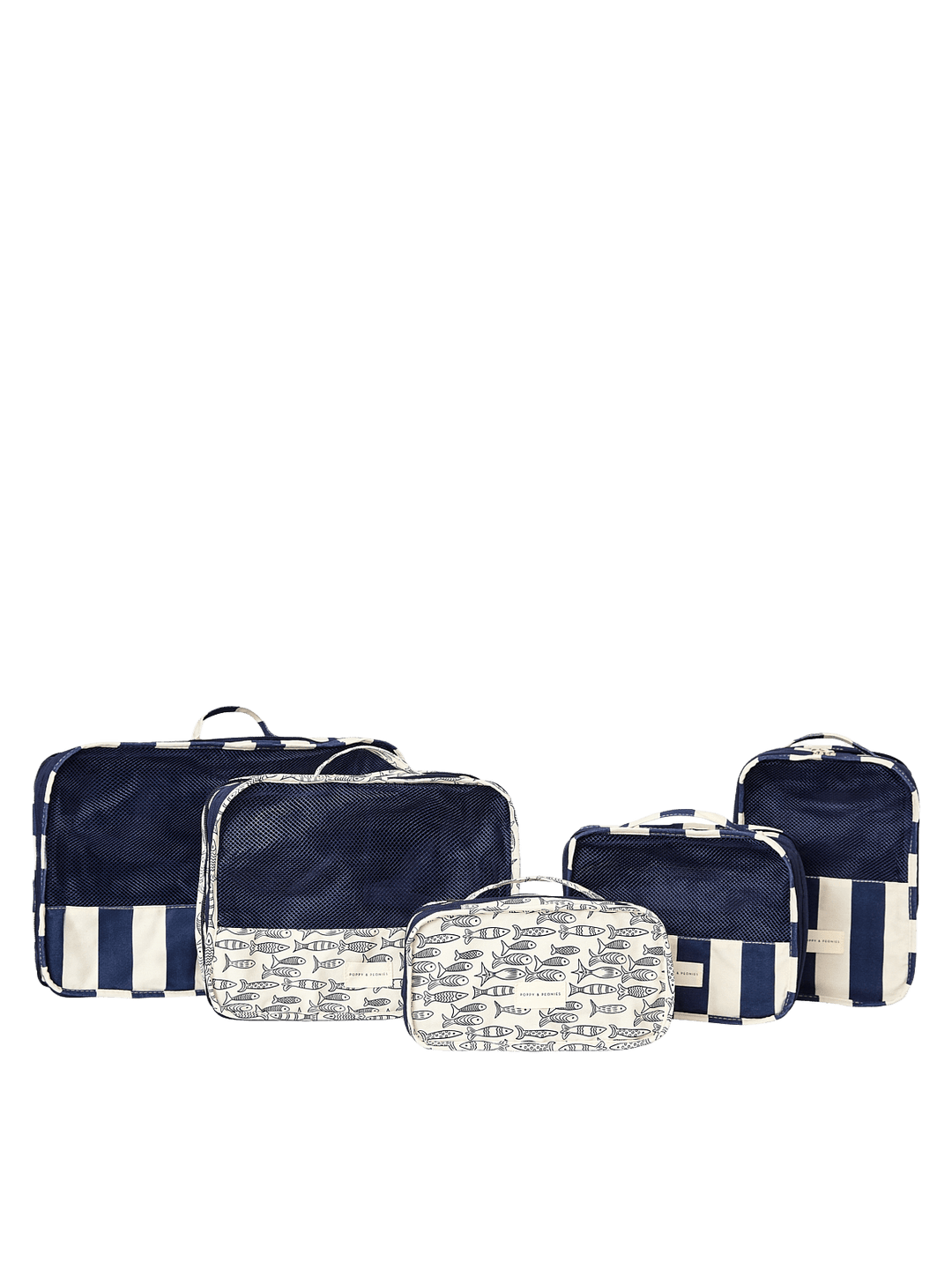 Set of navy and white striped packing cubes