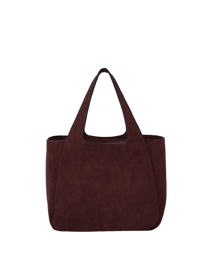 Poppy & Peonies The Pick Me Up Tote in Espresso Suede back view, featuring a structured silhouette and short top handles.
