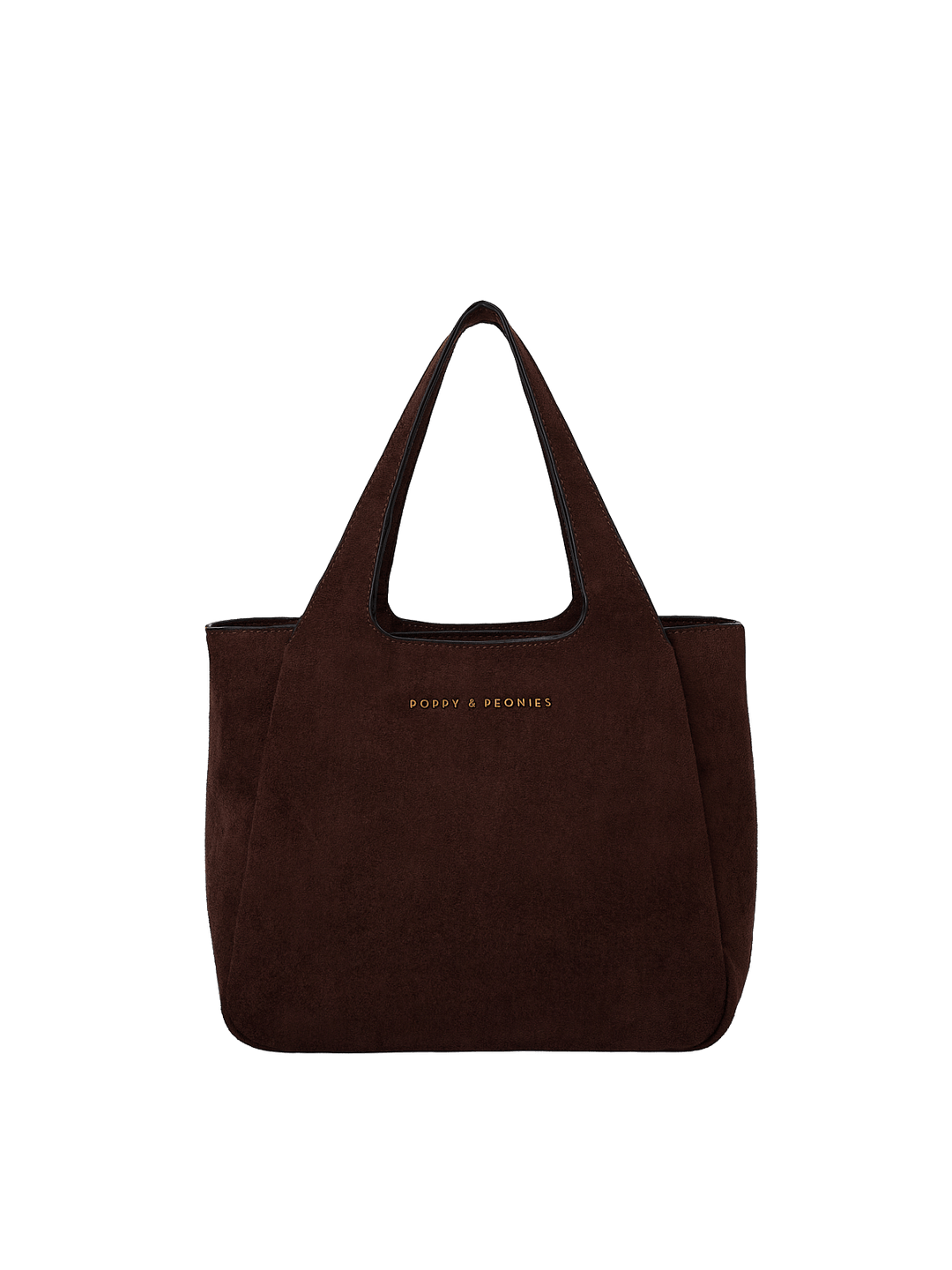 Poppy & Peonies The Pick Me Up Tote in Espresso Suede front view without the shoulder strap, showcasing its structured shape and top handles.