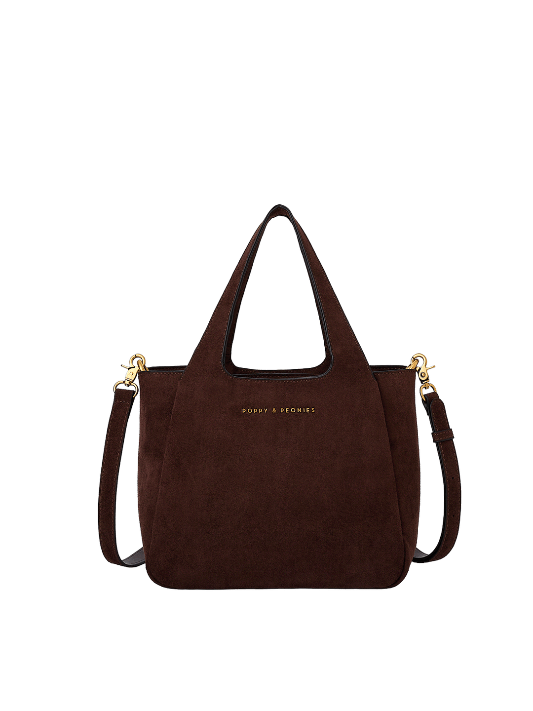 Poppy & Peonies The Pick Me Up Tote in Espresso Suede front view, featuring a structured silhouette, top handles, detachable shoulder strap and gold-tone hardware.