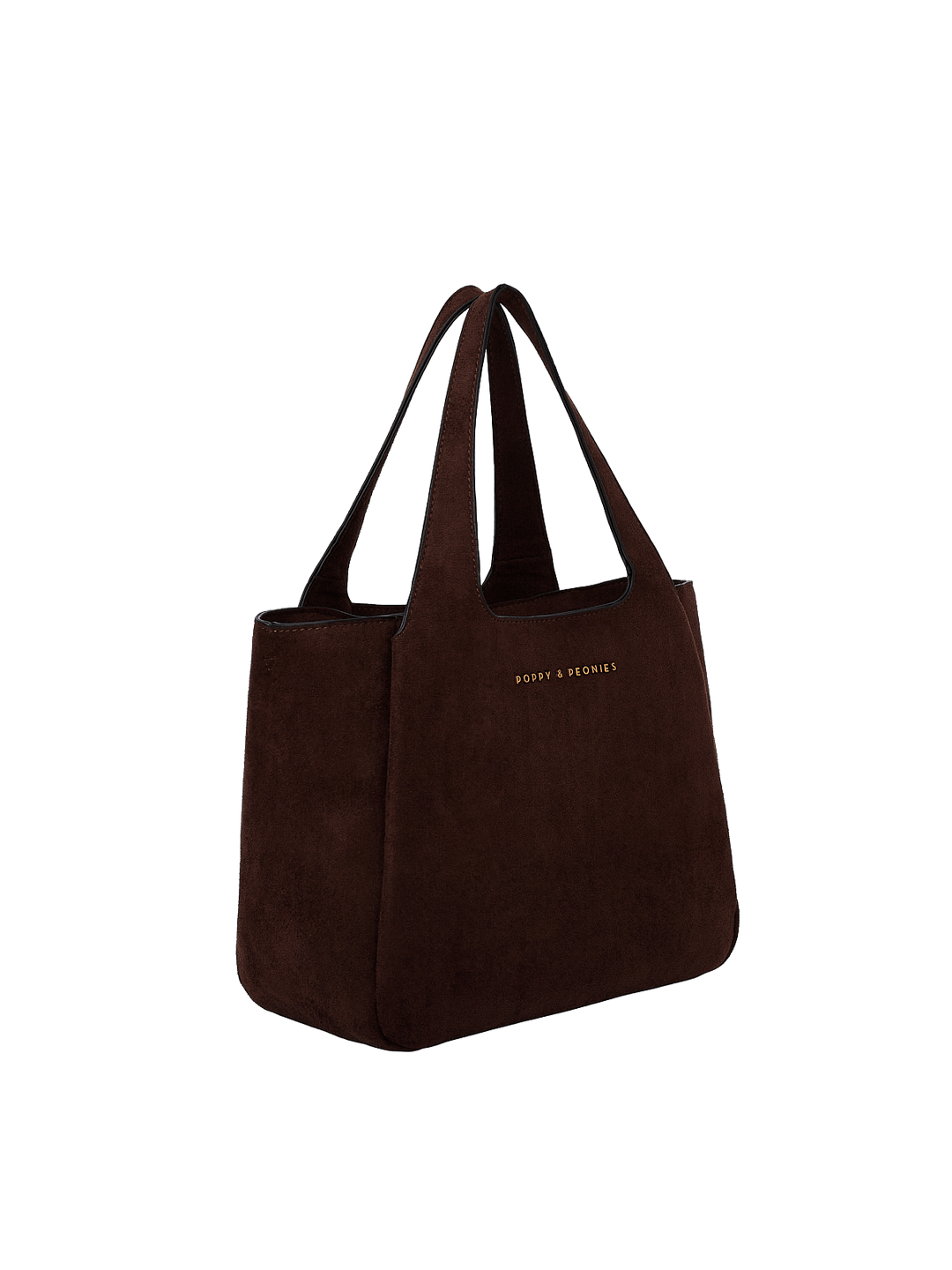 Poppy & Peonies The Pick Me Up Tote in Espresso Suede angled side view, highlighting the structured shape, roomy profile and top handles.
