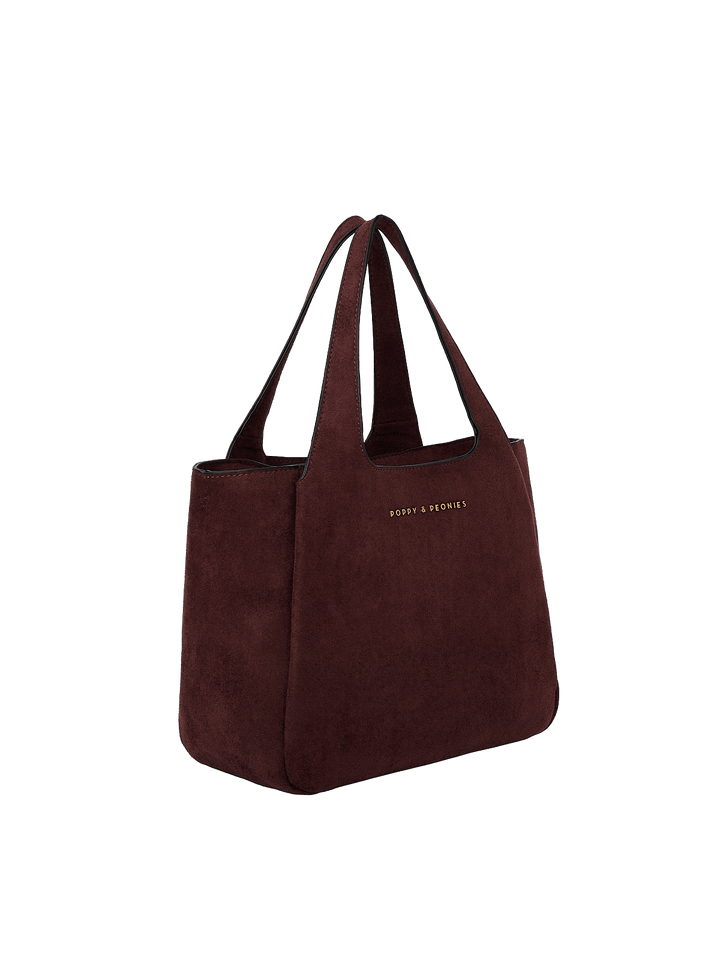 Poppy & Peonies The Pick Me Up Tote in Espresso Suede angled side view, highlighting the structured shape, roomy profile and top handles.