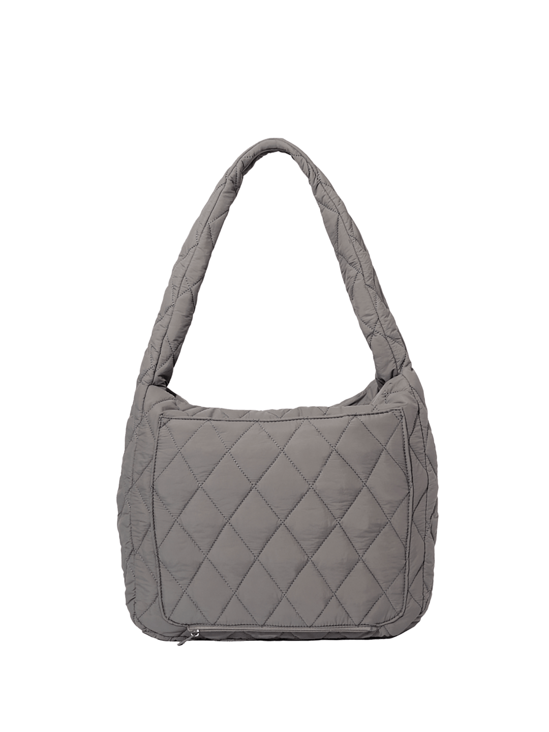 Grey quilted hobo bag on a transparent background
