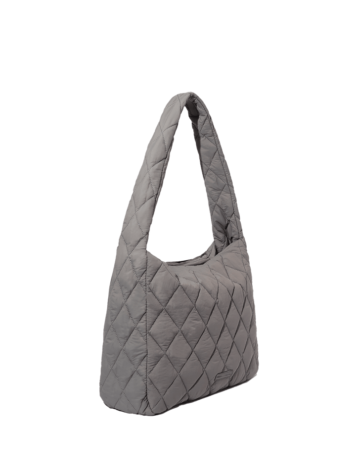 Gray quilted hobo bag on a transparent background