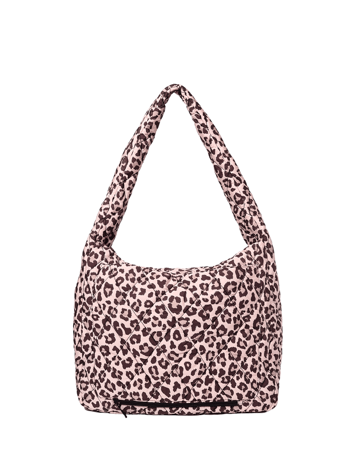 Quilted leopard print handbag on a transparent background
