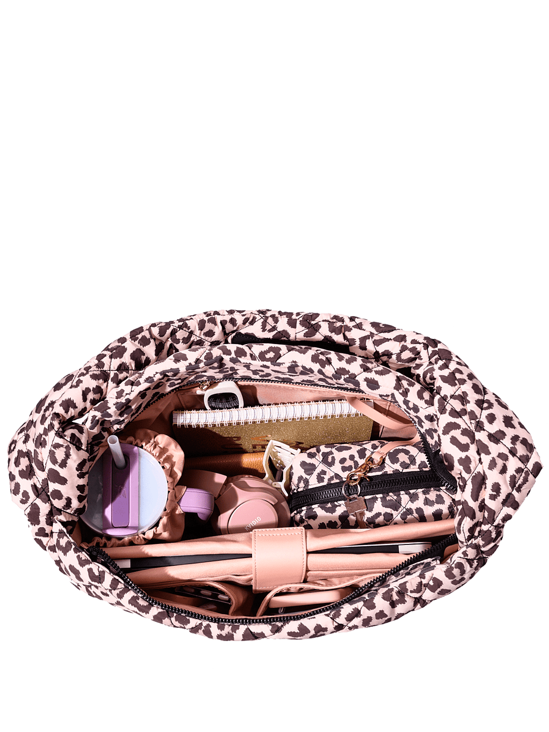 Interior of a quilted leopard print hobo bag 