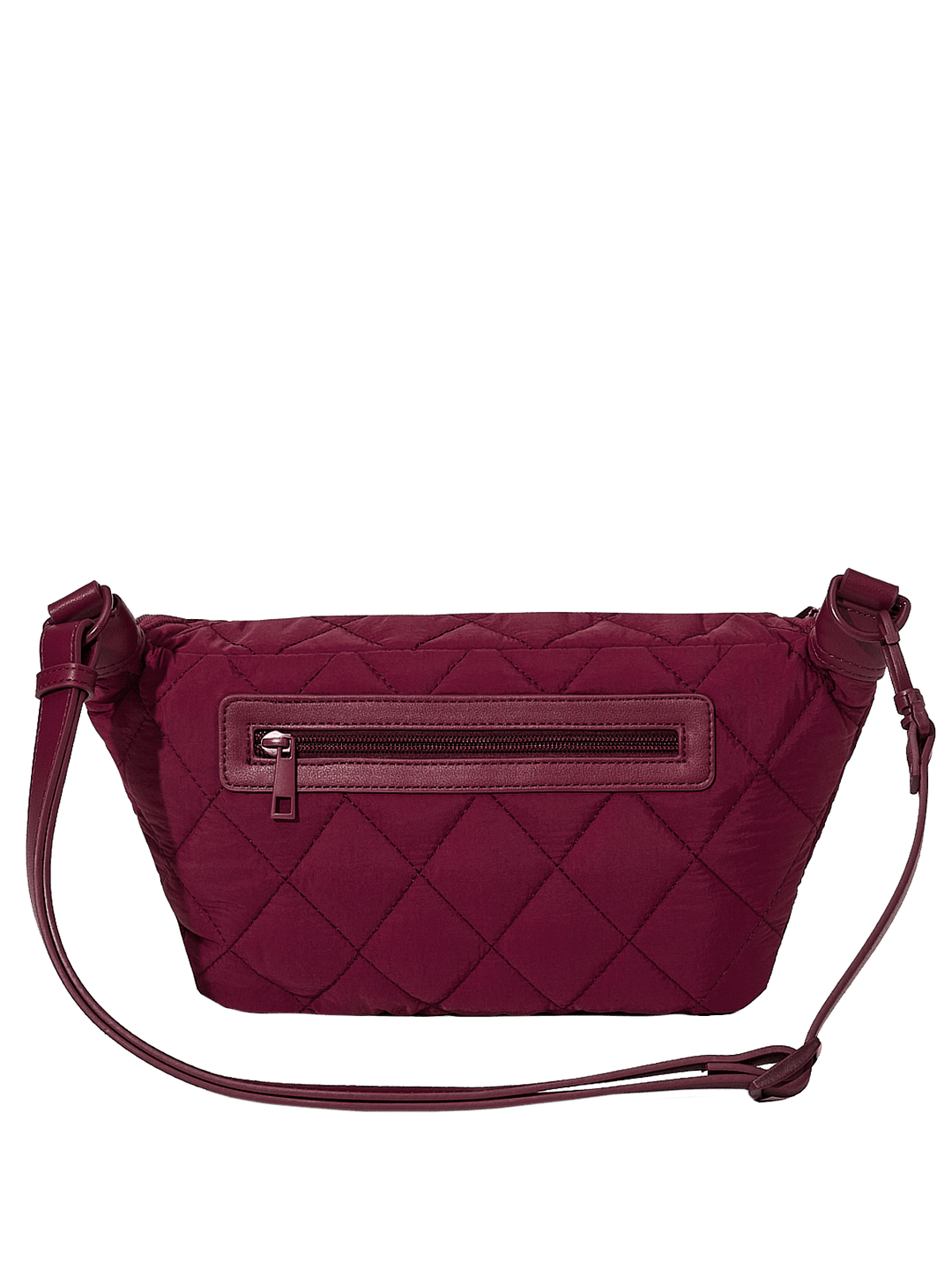 Quilted berry coloured handbag with a visible zipper on a transparent background