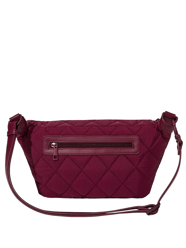 Quilted berry coloured handbag with a visible zipper on a transparent background