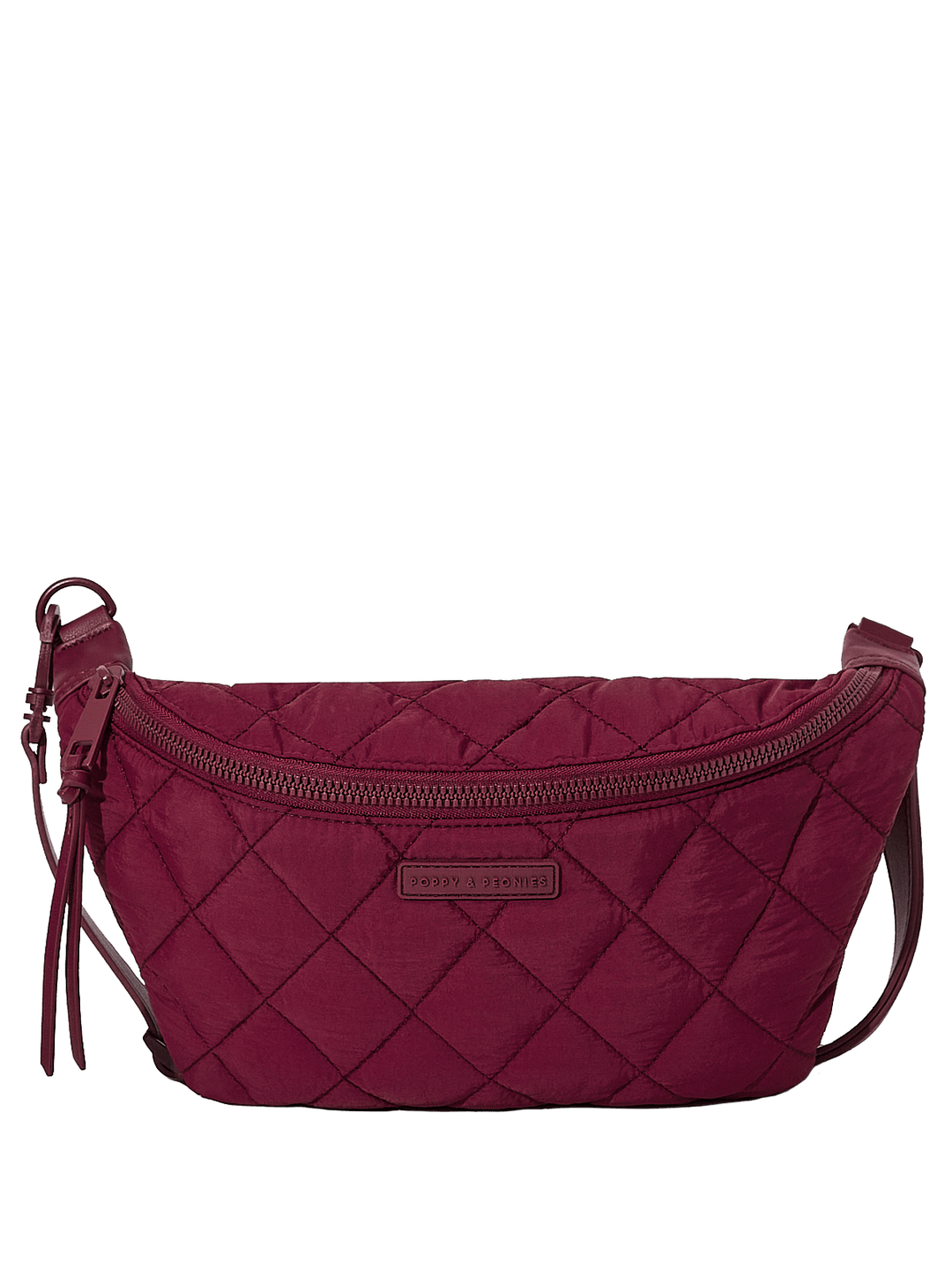 Quilted berry coloured handbag with a visible brand label on a transparent background