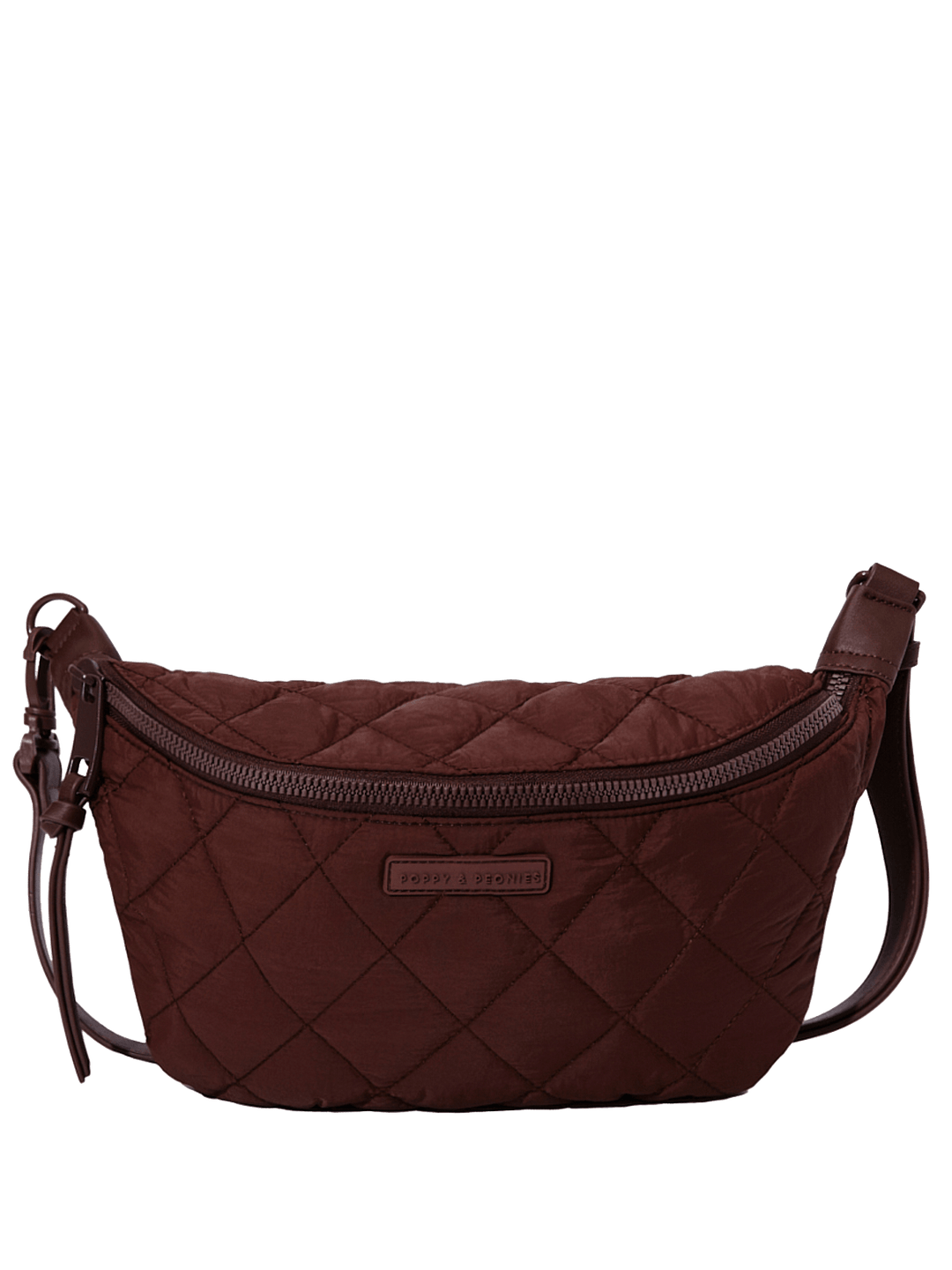 Brown quilted crossbody bag on a transparent background