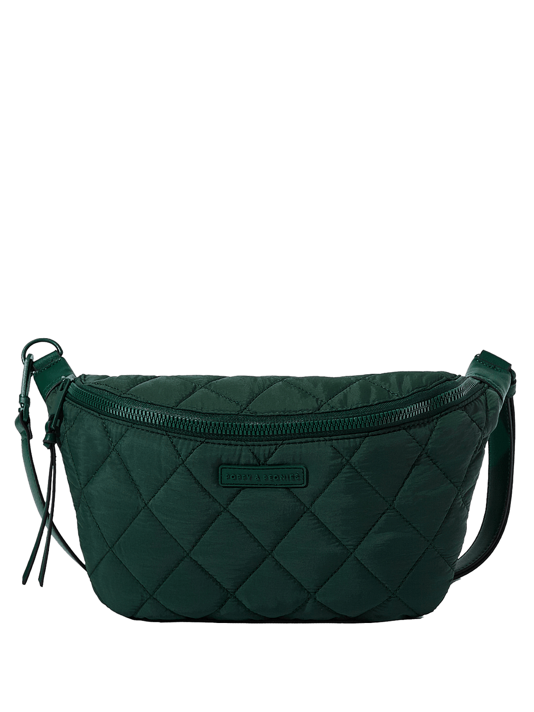 Green quilted crossbody bag on a transparent background