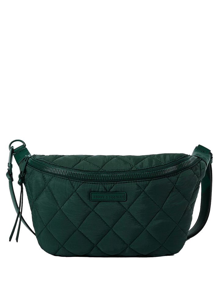 Green quilted crossbody bag on a transparent background