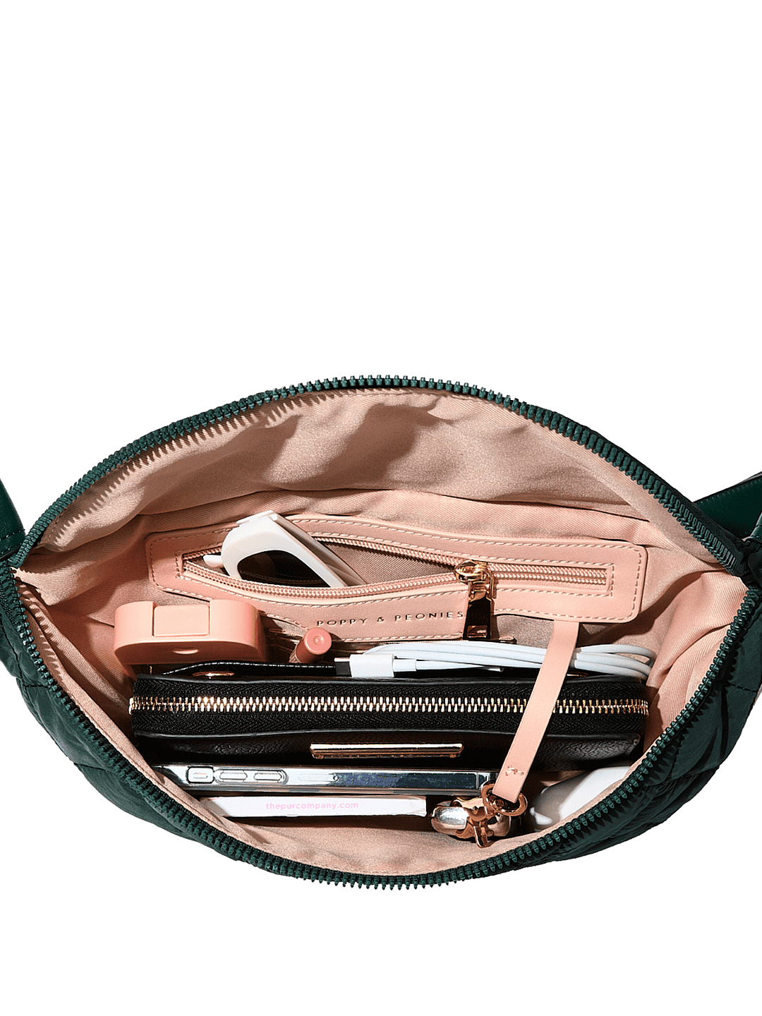 Open quilted handbag with pink interior 