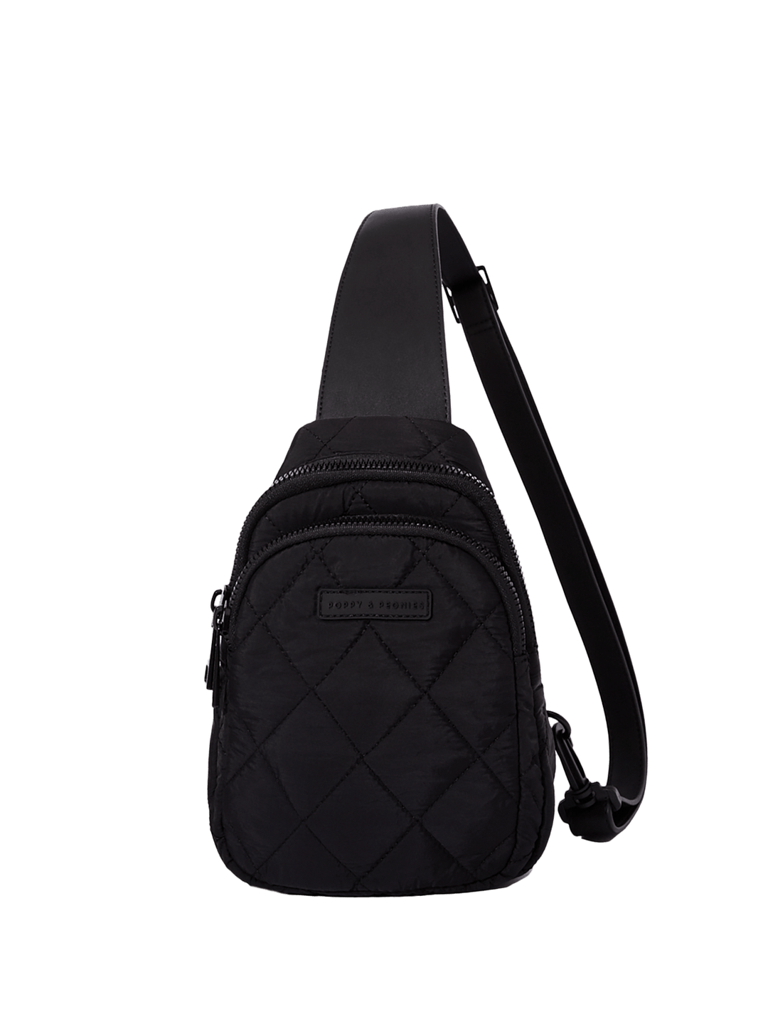 Black quilted crossbody bag on a transparent background