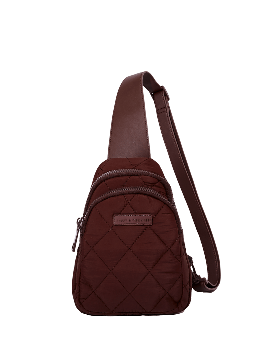 Brown quilted sling bag on a transparent background