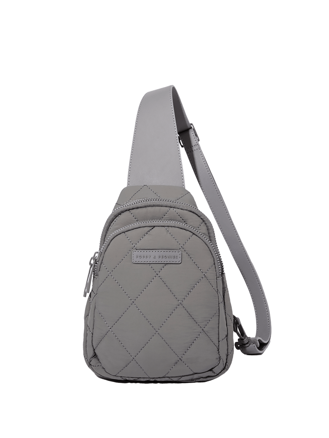 Grey quilted crossbody bag on a transparent background