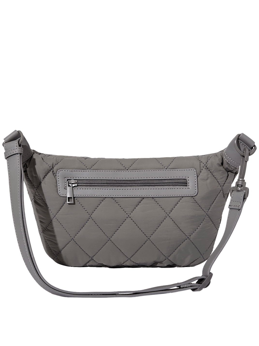 Grey quilted handbag with a strap on a transparent background