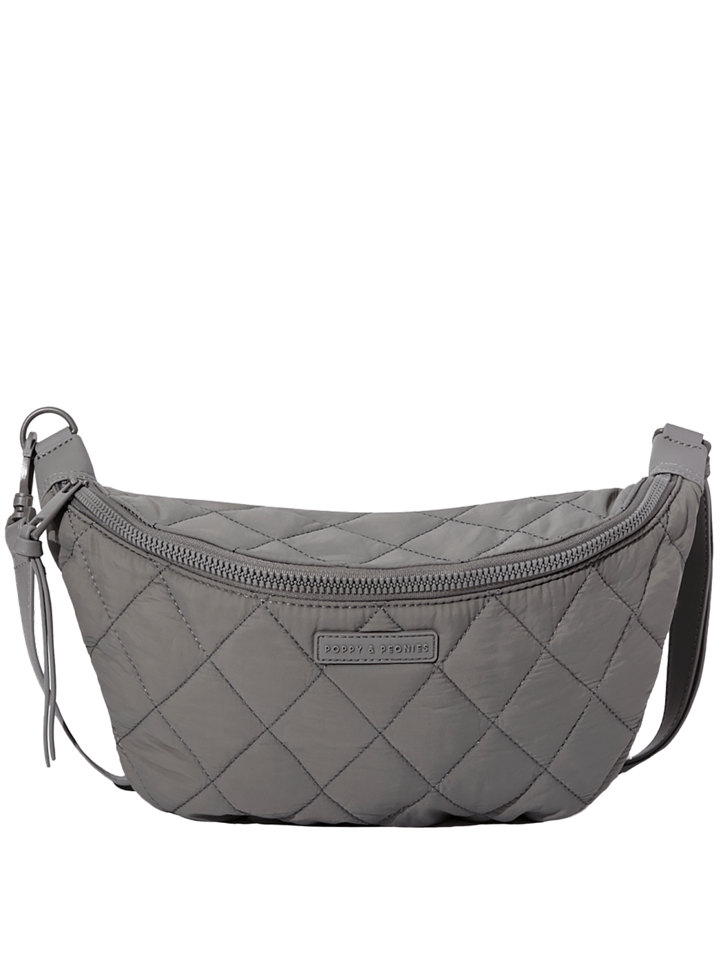Grey quilted waist bag on a transparent background