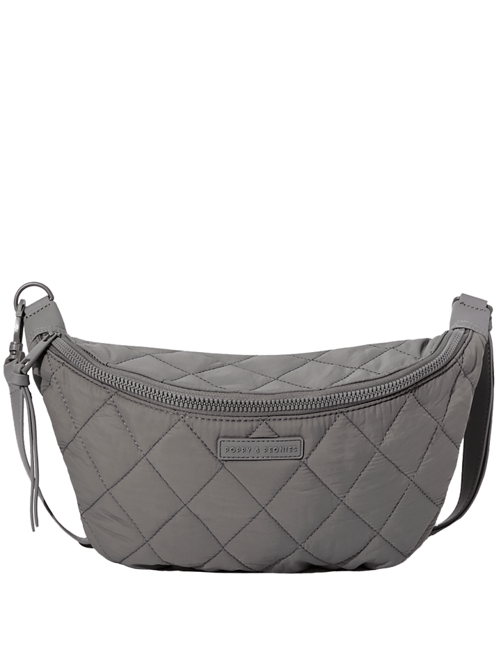 Grey quilted waist bag on a transparent background