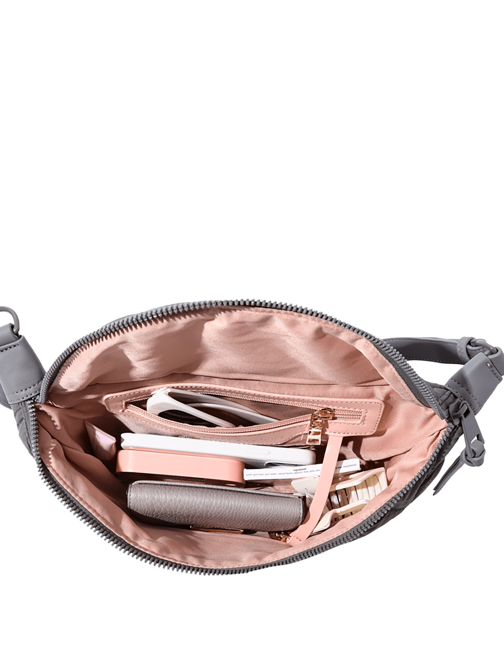 Open grey crossbody bag with pink interior 