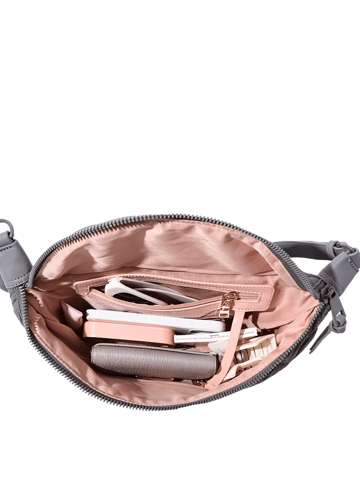 Open grey crossbody bag with pink interior 