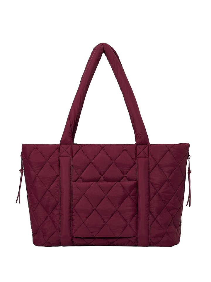 Berry coloured quilted tote bag on a transparent background