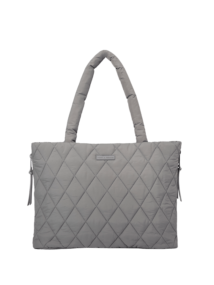 Gray quilted tote bag on a transparent background