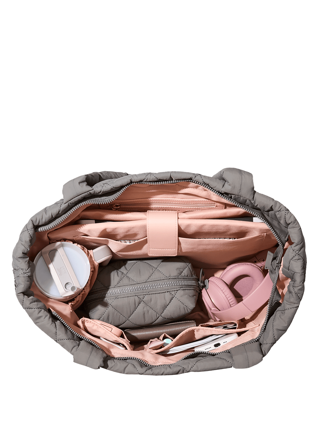 Open grey quilted tote bag