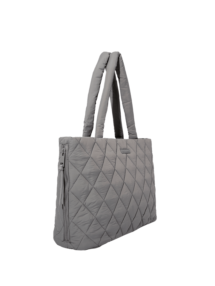 Gray quilted tote bag on a transparent background