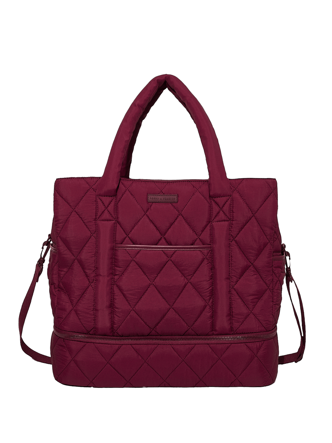 Quilted berry travel bag with a clear background