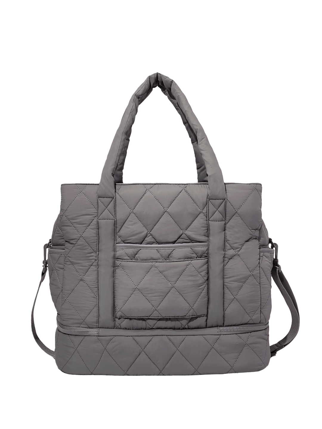 Grey quilted travel bag on a transparent background