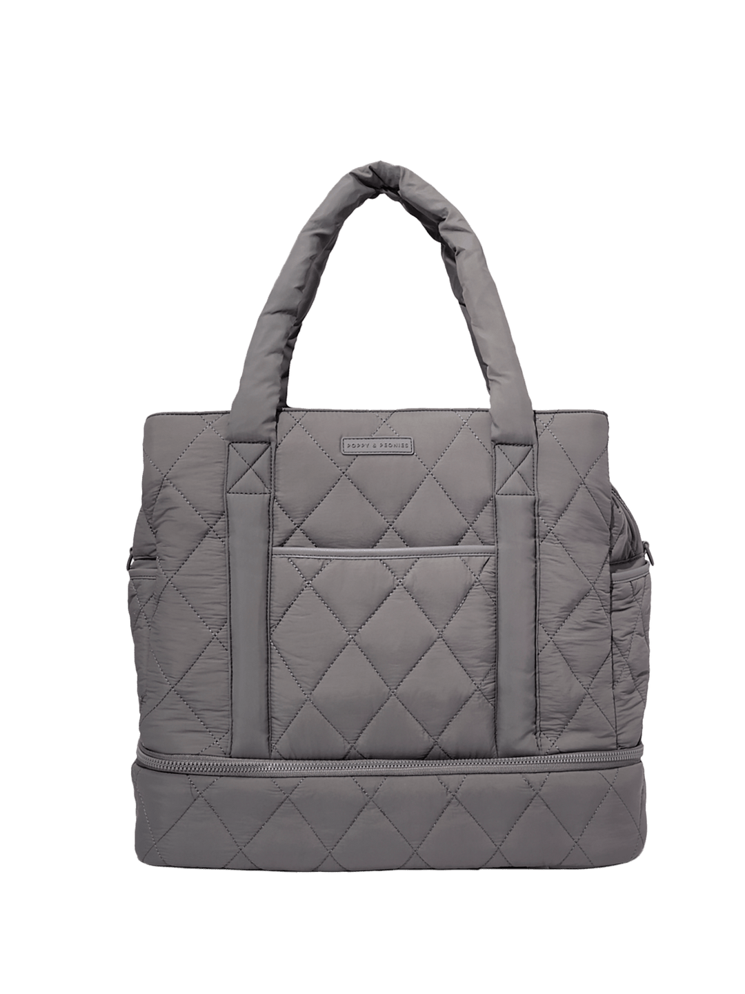 Grey quilted travel bag on a transparent background