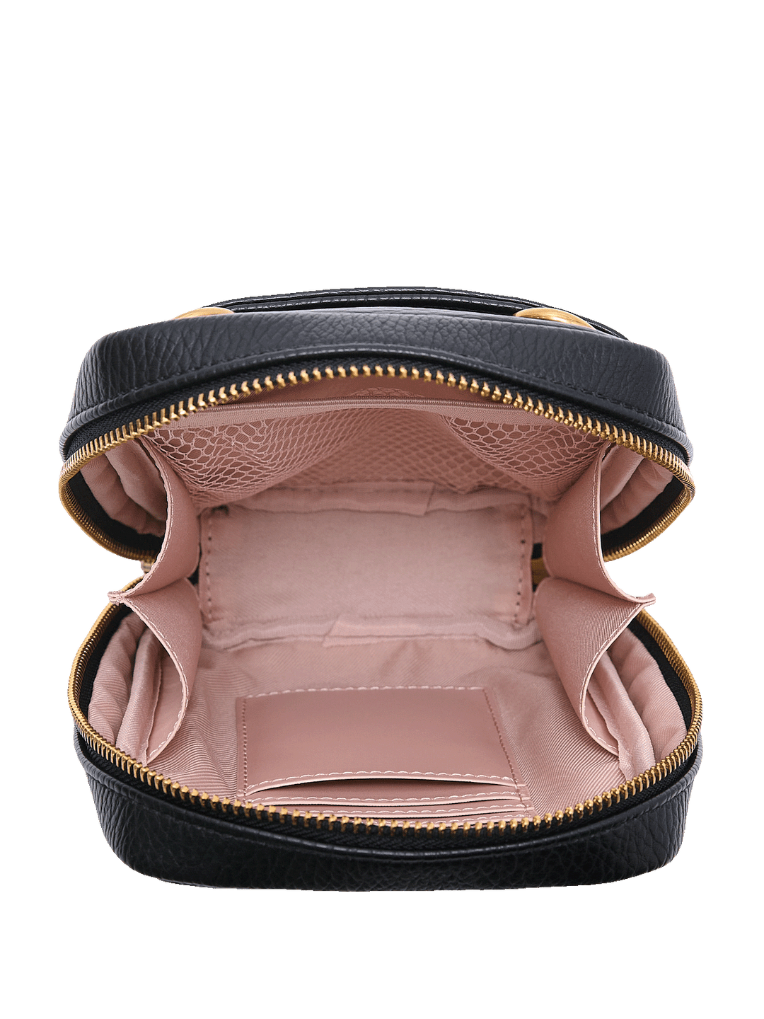 Interior of a black vegan leather crossbody bag 