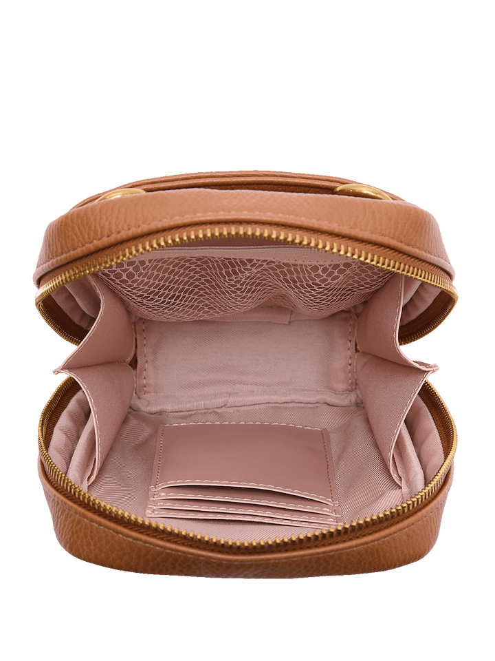 Interior of a brown vegan leather crossbody bag 