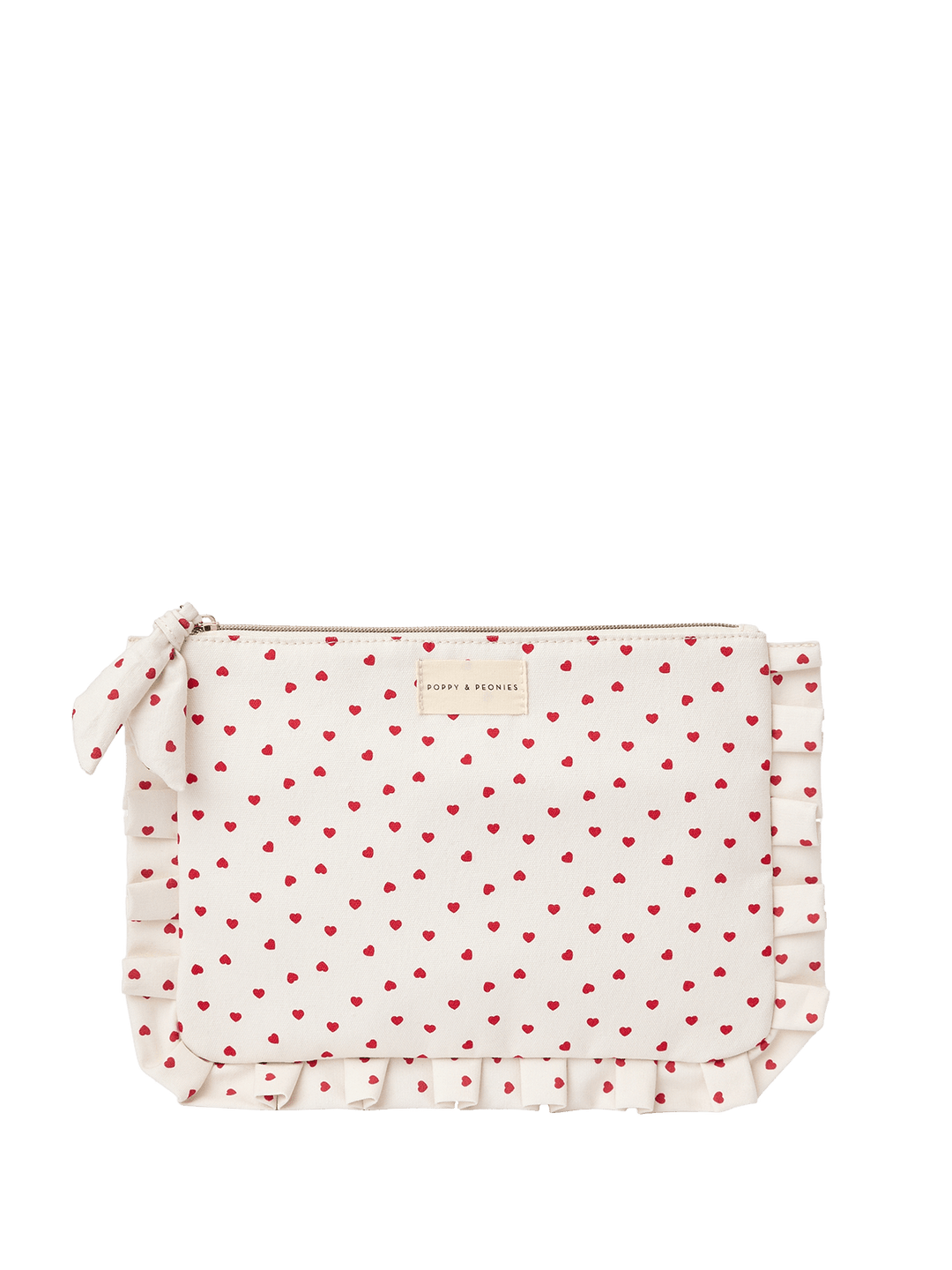 White clutch with red heart pattern