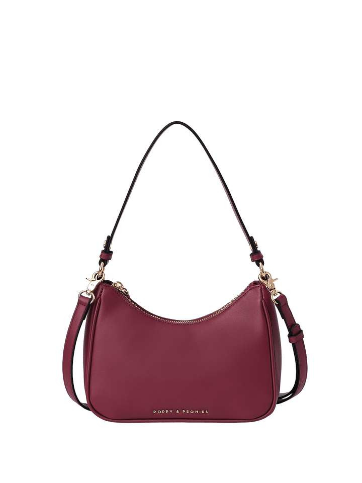 Berry coloured vegan leather shoulder bag with detachable crossbody strap