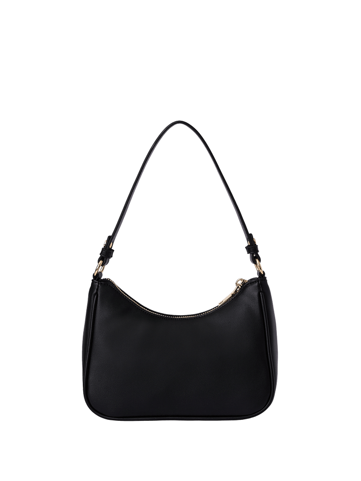 Black handbag with a shoulder strap on a transparent background