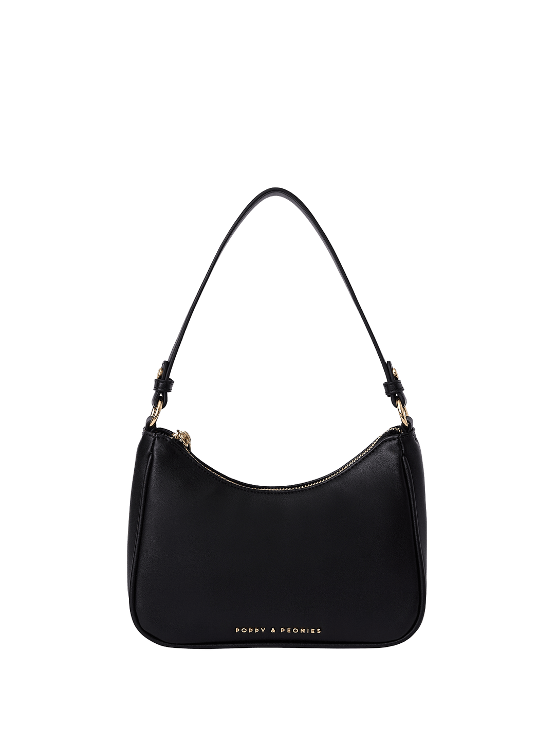 Black handbag with a visible brand logo on a transparent background