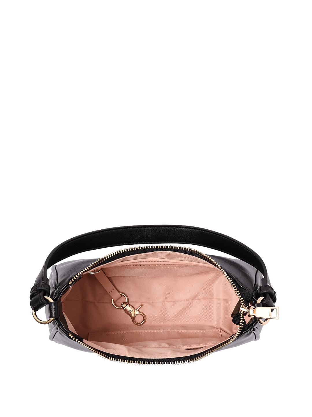 Open black handbag with gold zipper and hardware 