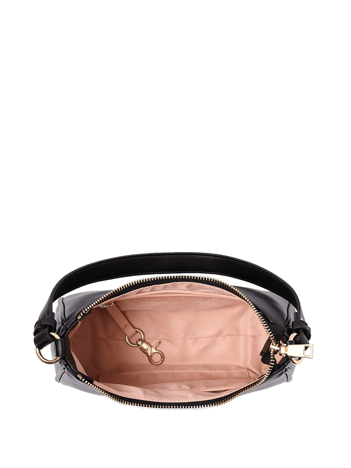 Open black handbag with gold zipper and hardware 