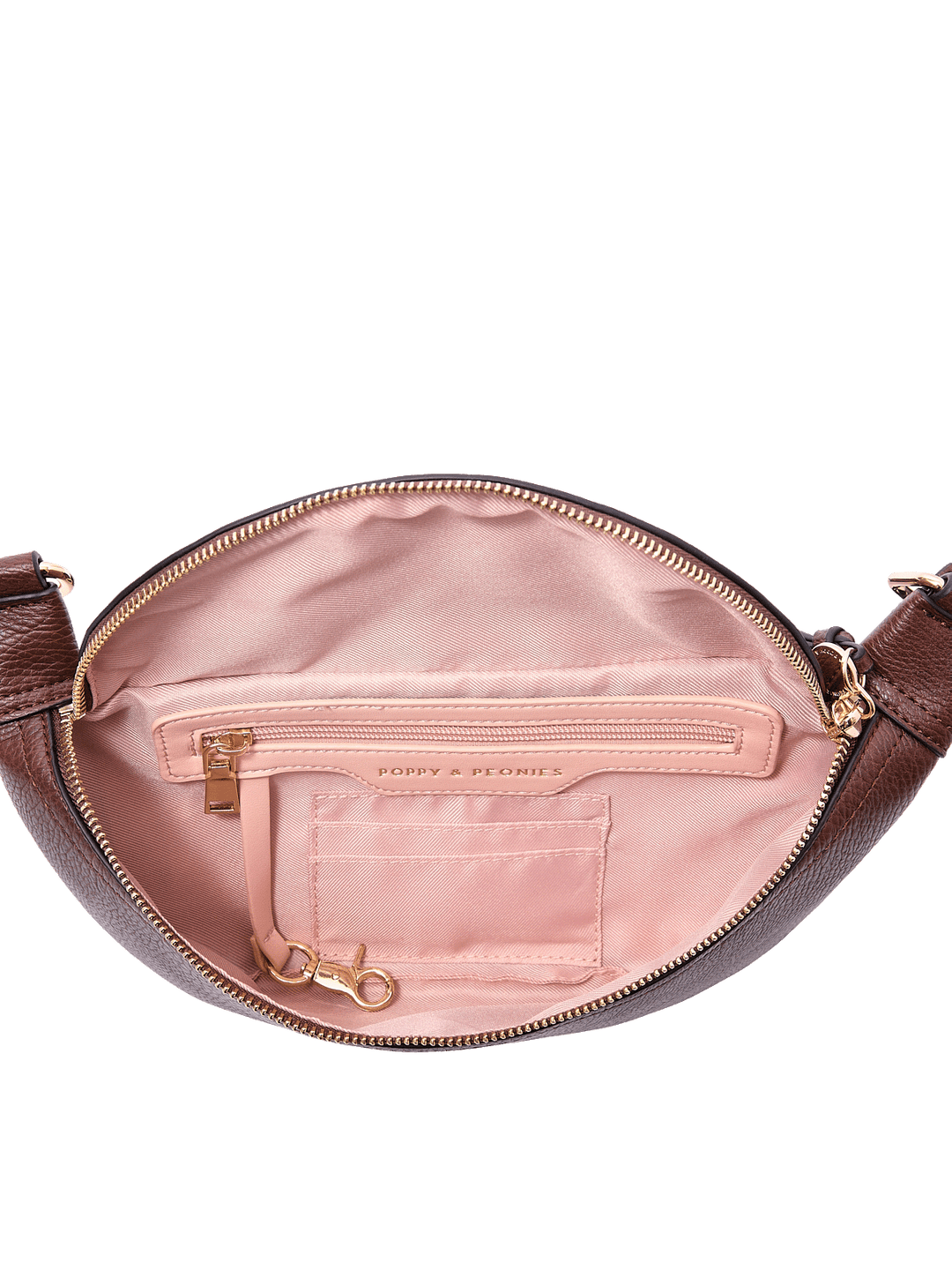 Interior of The Sidekick in Espresso showing card slots, zip pocket, and key leash